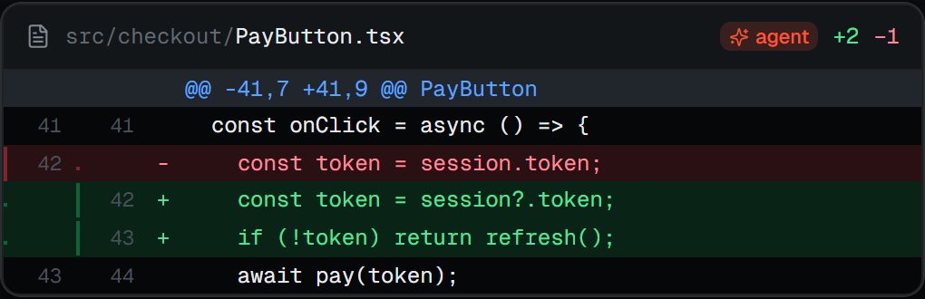 The fix Snag's agent proposes for that bug: PayButton.tsx reads session?.token and refreshes the session when the token is missing.