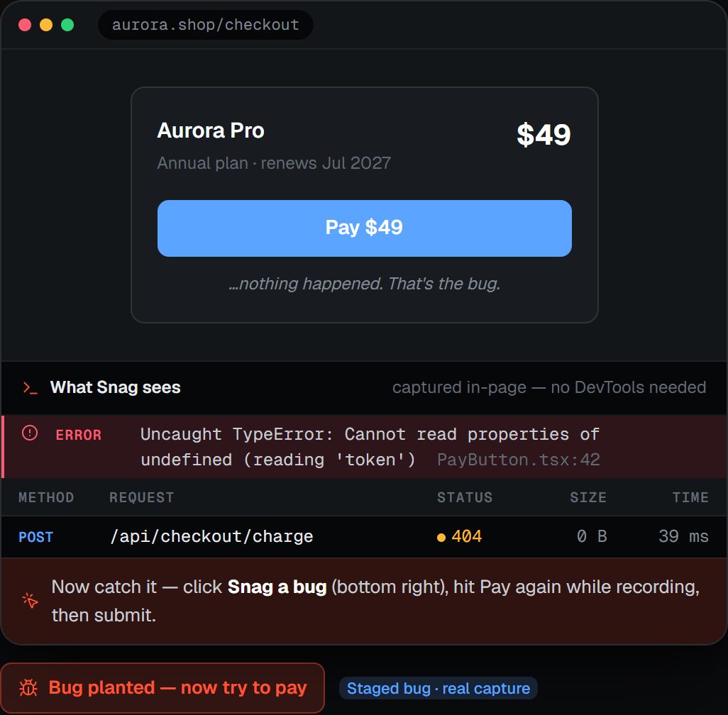 Snag's homepage demo: a checkout where Pay does nothing, and what Snag captured in the page — an uncaught TypeError at PayButton.tsx line 42 and a failed POST to /api/checkout/charge (404).